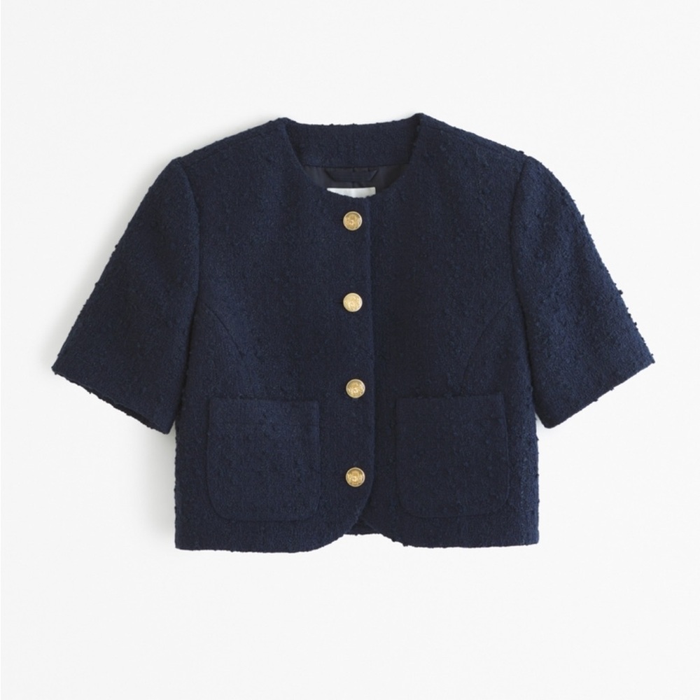Abercrombie Short Sleeve Collarless Tweed Jacket in Navy